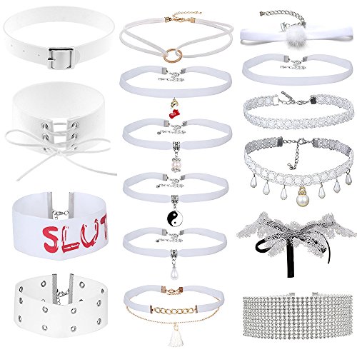 MingJun 16PCS Weinlese-weißer Samt-lederner hohler Blumen-Spitze-Choker-Satz-Troddel-hängender doppelter Schicht-breiter Dicker Rhinestone für Frauen Mädchen und Teens von MingJun