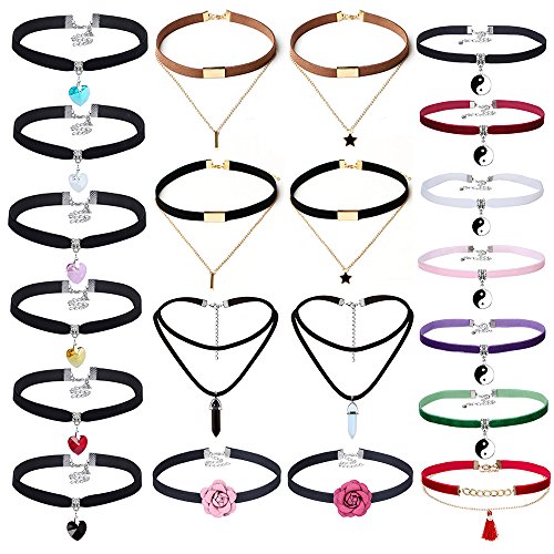 MingJun 21 Stück Bunte Samt verstellbare gotische Herz Anhänger Choker Halsketten Sets Klassische Rose Blume Quaste Halskette für Frauen Mädchen Geschenke von MingJun