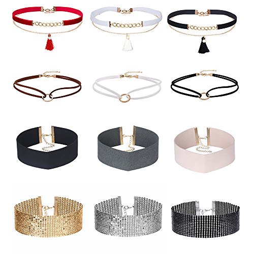 MingJun Mode Gothic Choker Set Samt Leder Double Layer Strass Wide Thick Halsband Halskette für Frauen Mädchen (12 PCS) von MingJun