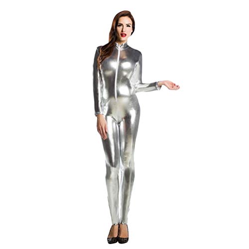Mingdoo Damen Jumpsuit für Halloween Frontreißverschluss V-Ausschnitt Overall Bodysuit Fasching Kostüm - Silber, CN L von Mingdoo