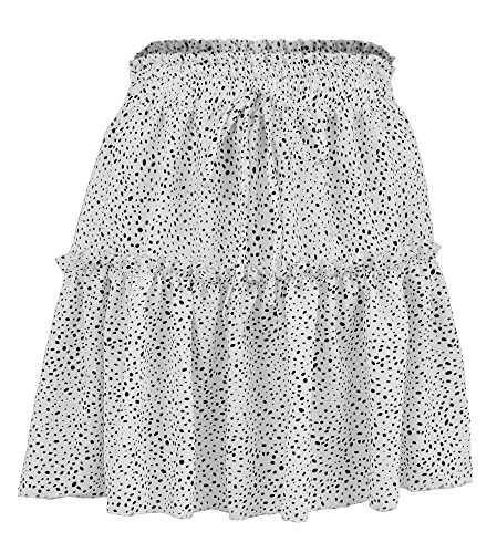Damen-Minirock mit Rüschen, Blumendruck, hohe Taille, A-Linie, mit Kordelzug-Dekor, Weiß und Punkte, Klein von Mingnos