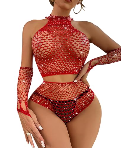 Mingnos Damen Fischnetz Dessous Set Aushöhlen Netz Babydoll Funkelnder Strass Chemise Rave Outfits mit Handschuhen Rot One Size von Mingnos