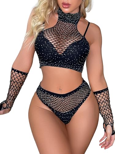 Mingnos Damen Fischnetz Dessous Set Aushöhlen Netz Babydoll Funkelnder Strass Chemise Rave Outfits mit Handschuhen Schwarz One Size von Mingnos