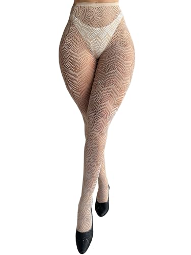 Mingnos Damen Fischnetz Hohe Taille Strumpfhosen, Gemustert Oberschenkel Hohe Strumpfhosen Transparente Netzstrumpfhosen, Hautfarben von Mingnos