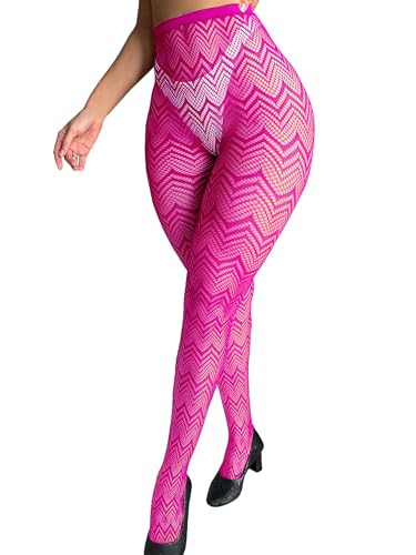 Mingnos Damen Fischnetz Hohe Taille Strumpfhosen, Gemustert Oberschenkel Hohe Strumpfhosen Transparente Netzstrumpfhosen, Rosenrot von Mingnos