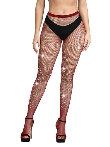 Mingnos Damen Sheer Glitzernde Fischnetz Strumpfhose Sexy Glitzer Strass Netz Leggings Strumpfhosen Strümpfe, Weinrot Mingnos Damen Sheer Glitzernde Fischnetz Strumpfhose Sexy Glitzer Strass Netz Leggings Strumpfhosen Strümpfe, Weinrot von Mingnos