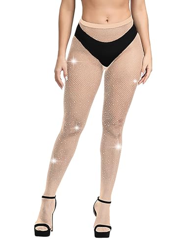 Mingnos Damen Sheer Glitzernde Fischnetz Strumpfhose Sexy Glitzer Strass Netz Leggings Strumpfhosen Strümpfe Hautfarben von Mingnos