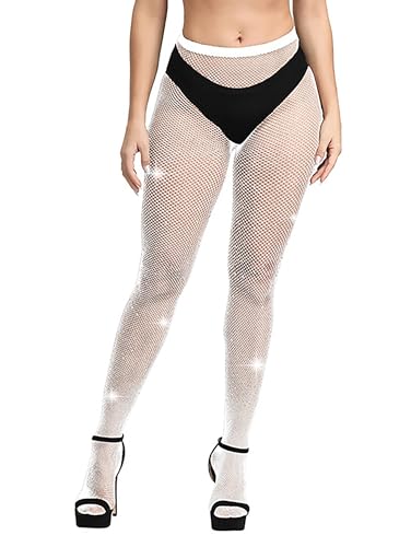 Mingnos Damen Sheer Glitzernde Fischnetz Strumpfhose Sexy Glitzer Strass Netz Leggings Strumpfhosen Strümpfe Weiß von Mingnos