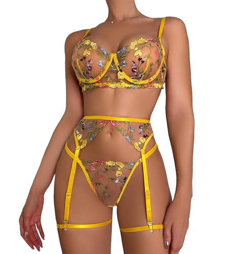 Mingnos Floral Stickerei Dessous Set für Damen Sexy Reizwäsche Bügel BH und G-String mit Strumpfband Gürtel Gelb, S von Mingnos