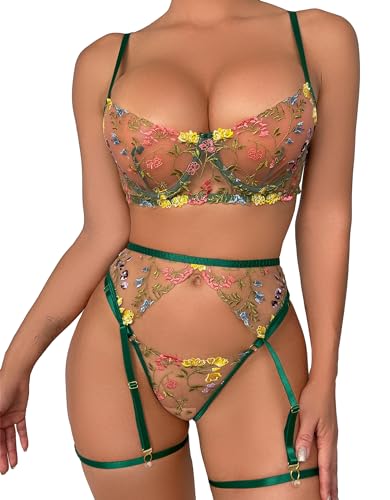 Mingnos Floral Stickerei Dessous Set für Damen Sexy Reizwäsche Bügel BH und G-String mit Strumpfband Gürtel Grün, M von Mingnos