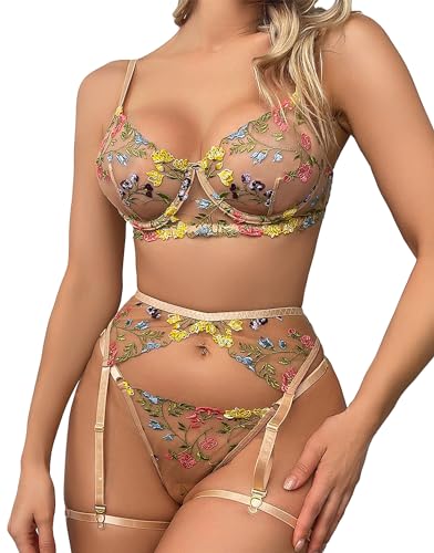 Mingnos Floral Stickerei Dessous Set für Damen Sexy Reizwäsche Bügel BH und G-String mit Strumpfband Gürtel Khaki, M von Mingnos