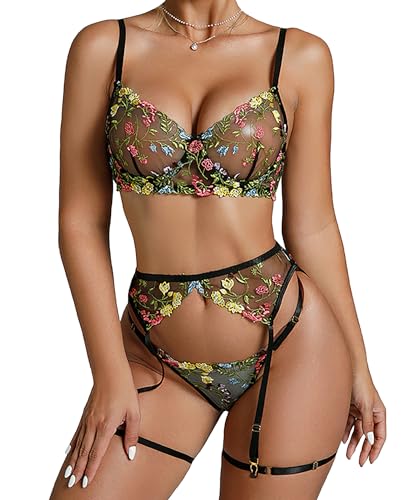 Mingnos Floral Stickerei Dessous Set für Damen Sexy Underwire BH und Schiere Tanga mit Strumpfband Gürtel Schwarz, M von Mingnos