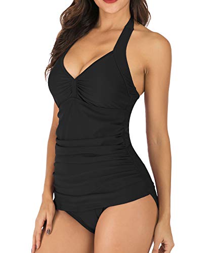 Mingnos Halfter Tankini Sets für Damen Bauchweg Bademode V-Ausschnitt Badeoberteile Slim Ruched Zweiteilige Badeanzüge (Schwarz, 2XL) von Mingnos