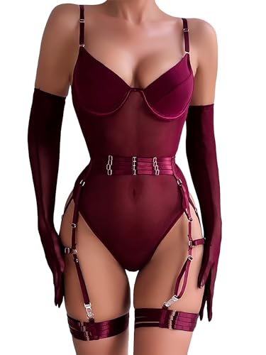 Mingnos Sexy Dessous Damen Für Sex Netz Bodys Unterwäsche Festival Rave Outfit Strapsen Reizwäsche Bügel BH und Strumpfband mit Handschuhen 3Teilig Rot, M von Mingnos