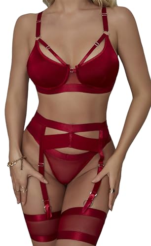 Mingnos Strapsen Dessous Sets Damen Sexy Unterwäsche Strumpfband Gürtel Nachtwäsche Reizwäsche Bügel BH und Panty 5 Teilig Weinrot, M von Mingnos