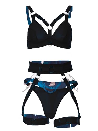 Mingnos Strapsen Dessous Sets für Damen Sexy Reizwäsche Unterwäsche Strumpfband Gürtel Rave Outfit Bügel BH und Panty mit Kette 3pc Schwarz, S von Mingnos