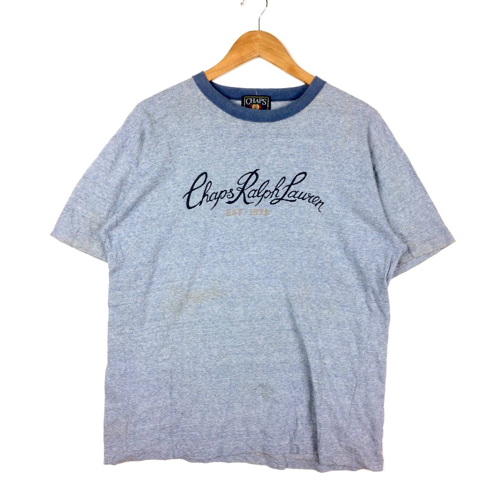 Rarität Jahrgang Chaps Ralph Lauren Crewneck Streifen T-Shirt Mittelgroße Blaue Und Weiße Farbe von MingsVintageStore