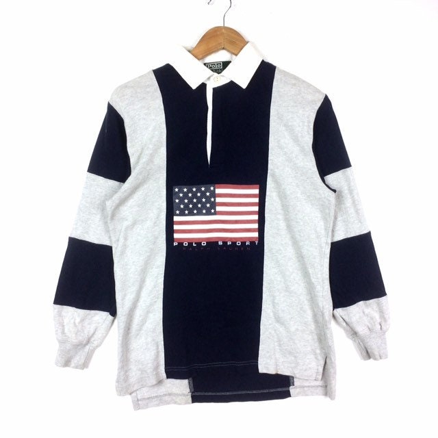 Rarität Vintage-Polo Sport Rl Usa Flagge Von Ralph Lauren Kragen Rugby-streifen-Design 160 Passen Größe Zu Klein von MingsVintageStore