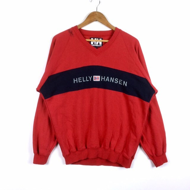 Selten Jahrgang Helly Hansen Flag Logo Made in Usa Crewneck Sweatshirt Rote Farbe Extra Große Größe von MingsVintageStore