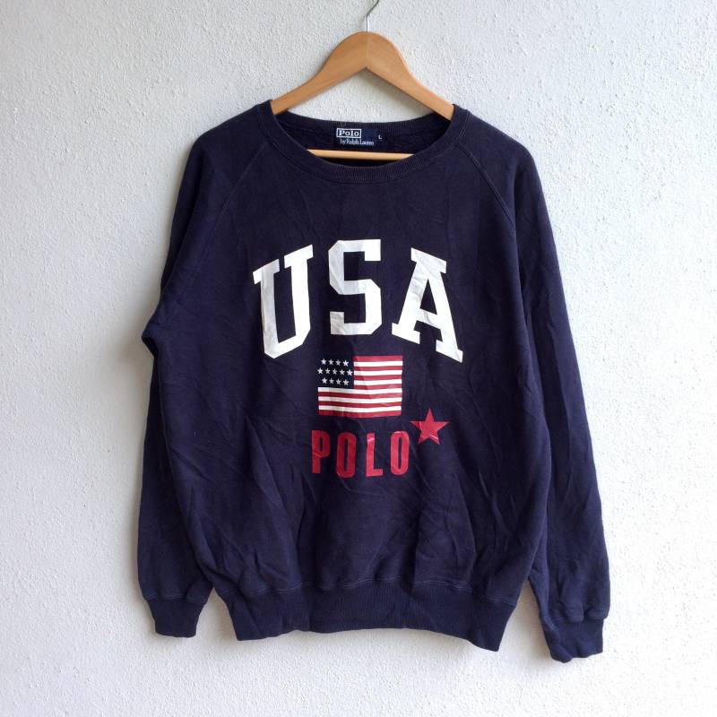 Selten Jahrgang Polo Ralph Lauren Big Usa Flagge Crewneck Sweatshirt Dunkelblau Farbe Große Größe von MingsVintageStore