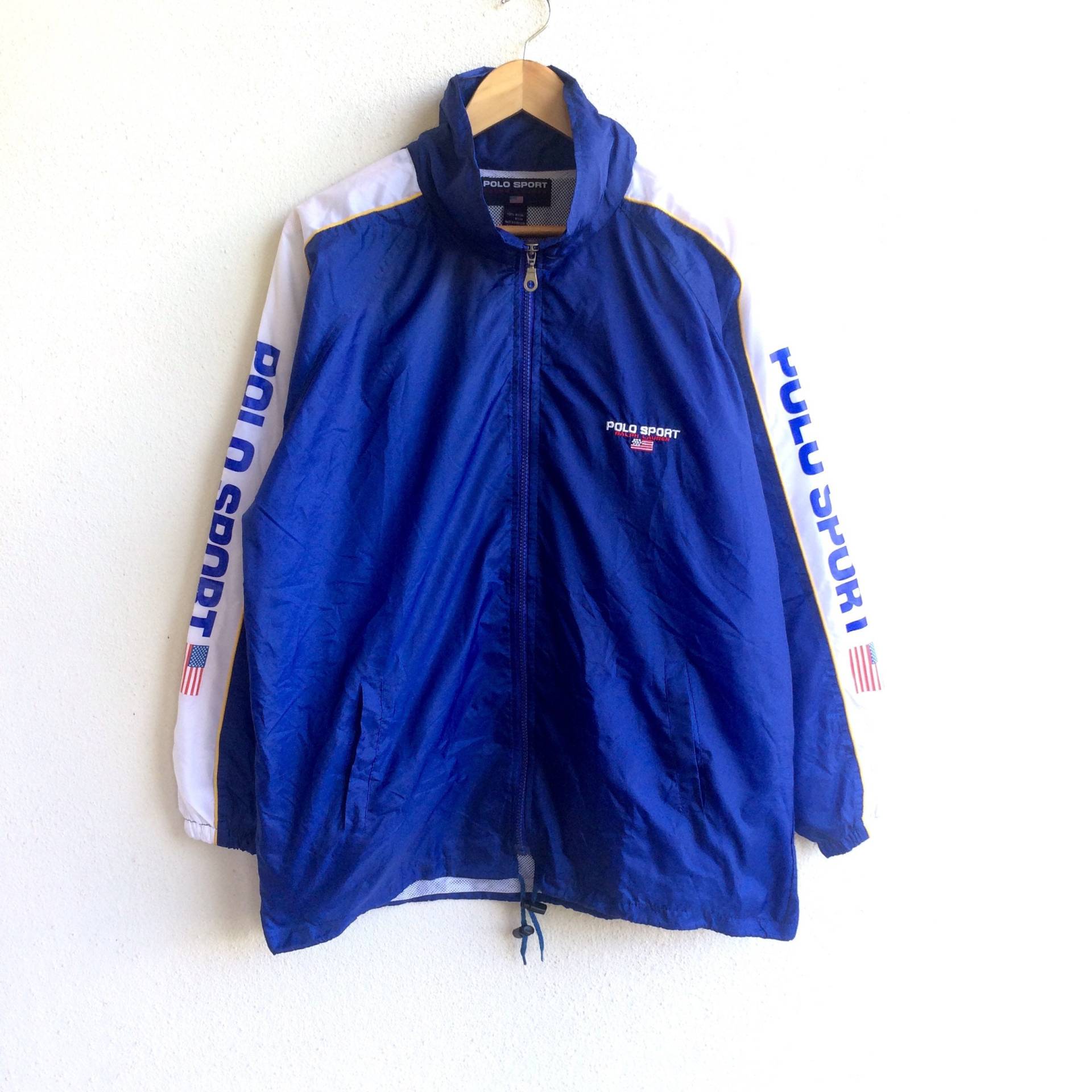 Selten Jahrgang Polo Sport Usa Flagge Von Ralph Lauren Windbreaker Activewear Voll Reißverschluss Jacke Blau Farbe Große Größe von MingsVintageStore