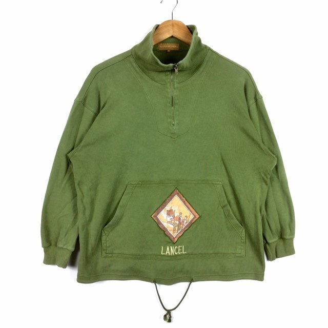 Selten The Famous Luxury Lancel Paris Turtle Neck Sweatshirt Kangaroo Pocket Green Colour Medium Size von MingsVintageStore