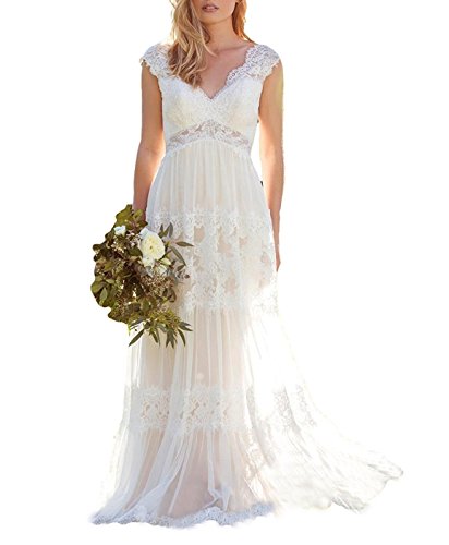 Mingxuerong 2018 Boho Böhmische Hochzeitskleider Hohle Rückenlehne V-Ausschnitt Lange Spitze Brautkleider Elfenbein 38 von Mingxuerong