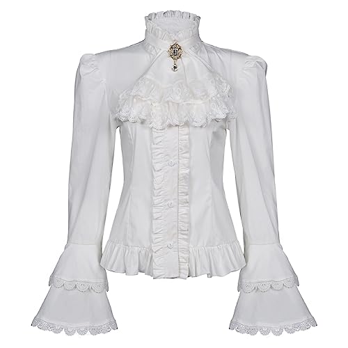 Viktorianische Bluse für Damen, Gothic-Piraten-Shirt, Vintage-Stil, langärmelig, Lotus-Rüschen-Oberteil, 010 Weiß, XX-Large von Mingyuezai
