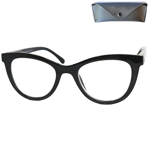 Cateye Dicker Rahmen Lesebrille, Gratis Etui, Kunststoff Brillengestell (Schwarz), Lesehilfe Damen +1.5 Dioptrien von Mini Brille