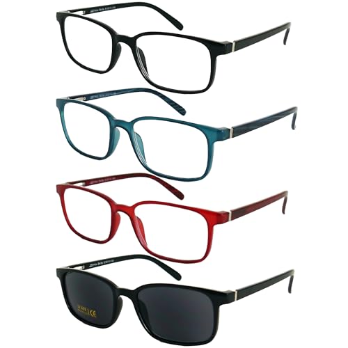 Designer 3 Stück Set Lesebrille und 1 Stück Sonnenbrille mit Sehstärke Rechteckig, Kunststoff Rahmen mit Federscharnier, Lesehilfe Damen und Herren +2.0 Dioptrien von Mini Brille