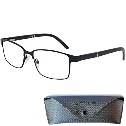 Mini Brille Dünne Metall Anti Blaulicht Brille Lesebrille mit rechteckigen Gläsern, Gratis Etui, Edelstahl Brillengestell (Schwarz), Blaulichtfilter Brille Herren und Damen 1.0 Dioptrien von Mini Brille