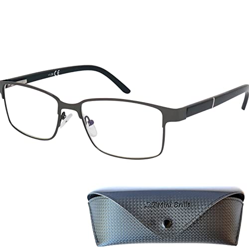 Mini Brille Dünne Metall Lesebrille mit rechteckigen Gläsern, Gratis Etui, Edelstahl Brillengestell (Graphit), Lesehilfe Herren und Damen +1.0 Dioptrien von Mini Brille