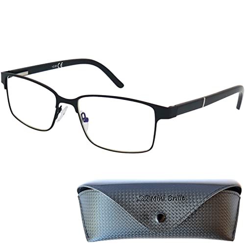 Mini Brille Dünne Metall Lesebrille mit rechteckigen Gläsern, Gratis Etui, Edelstahl Brillengestell (Schwarz), Lesehilfe Herren und Damen +1.0 Dioptrien von Mini Brille