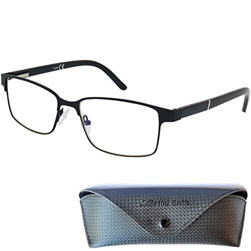Mini Brille Dünne Metall Lesebrille mit rechteckigen Gläsern, Gratis Etui, Edelstahl Brillengestell (Schwarz), Lesehilfe Herren und Damen +1.5 Dioptrien von Mini Brille