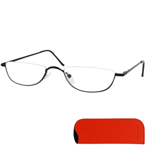 Halb Rund Metall Lesebrille Halbbrille, Gratis Etui und Brillenputztuch, Edelstahl Rahmen (Schwarz) mit Federscharnier, Lesehilfe Damen und Herren +2.0 Dioptrien von Mini Brille