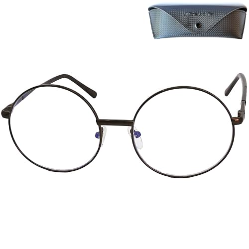 Hippie Runde Blaufilter Brille Lesebrille mit Große Gläser, Etui, Anti Blaulicht Brille Stil 60er Jahre aus Metall (Braun), Blaulichtfilter Brille Damen und Herren +2.0 Dioptrien von Mini Brille