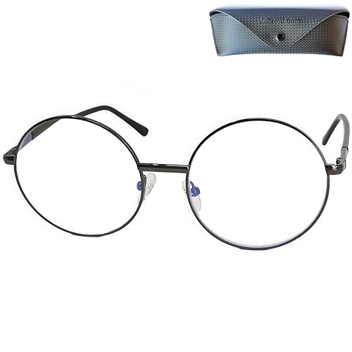 Hippie Runde Blaufilter Brille Lesebrille mit Große Gläser, Etui, Anti Blaulicht Brille Stil 60er Jahre aus Metall (Graphit), Blaulichtfilter Brille Damen und Herren +1.5 Dioptrien von Mini Brille