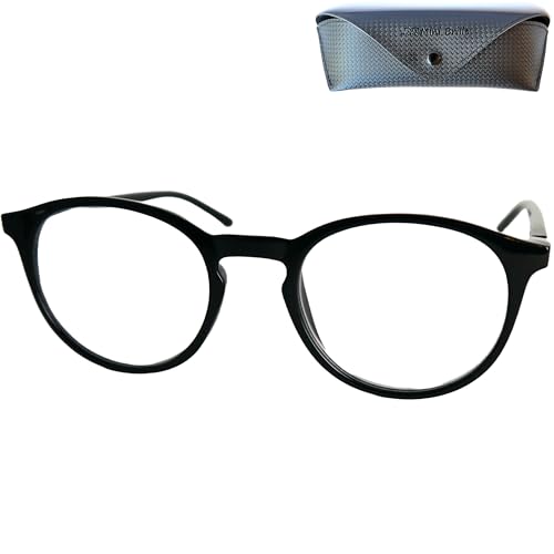 Klassische Nerd Lesebrille mit großen Runden Gläsern - mit Gratis Etui, Kunststoff Rahmen (Schwarz), Brille mit Sehstärke, Lesehilfe Damen und Herren +2.5 Dioptrien von Mini Brille