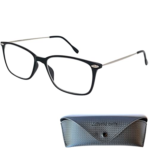 Mini Brille Leichte Lesebrille Rechteckig, Gratis Etui, Kunststoff Rahmen (Schwarz) mit Metall Bügeln, Lesehilfe Herren und Damen +1.0 Dioptrien von Mini Brille