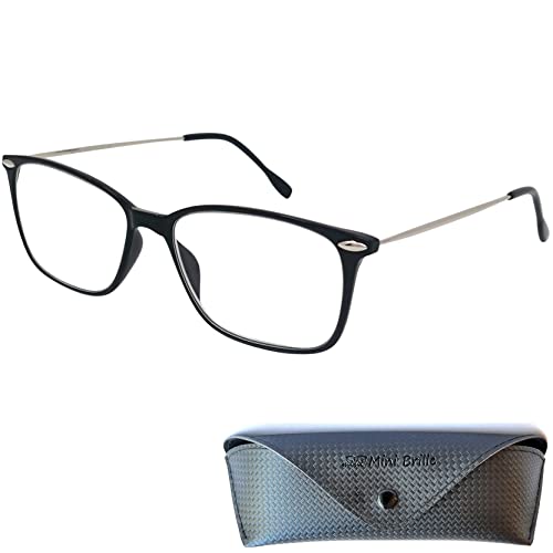 Mini Brille Leichte Lesebrille Rechteckig, Gratis Etui, Kunststoff Rahmen (Schwarz) mit Metall Bügeln, Lesehilfe Herren und Damen +1.5 Dioptrien von Mini Brille