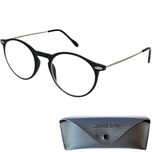 Mini Brille Leichte Lesebrille mit Runden Gläsern, Gratis Etui, Kunststoff Rahmen (Schwarz) mit Metall Bügeln, Lesehilfe Damen und Herren +2.5 Dioptrien von Mini Brille