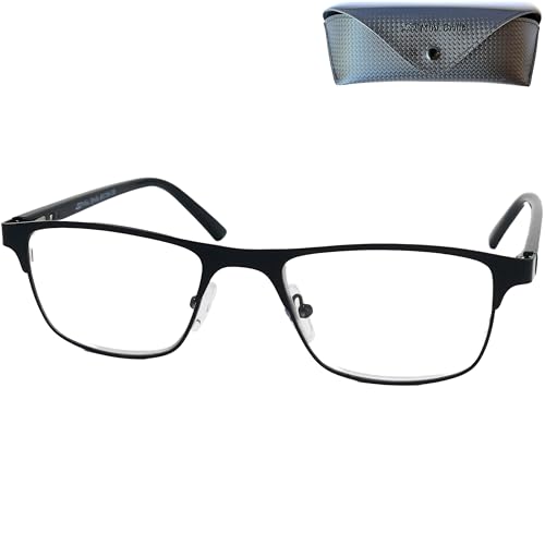 Metall Lesebrille mit rechteckigen Gläsern - mit Gratis Etui, Edelstahl Brillengestell (Schwarz), Eckige Lesehilfe Herren und Damen +2.0 Dioptrien von Mini Brille
