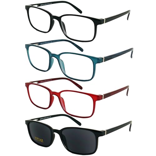 Mini Brille Designer 3 Stück Set Lesebrille und 1 Stück Sonnenbrille mit Sehstärke Rechteckig, Kunststoff Rahmen mit Federscharnier, Lesehilfe Damen und Herren +1.0 Dioptrien von Mini Brille