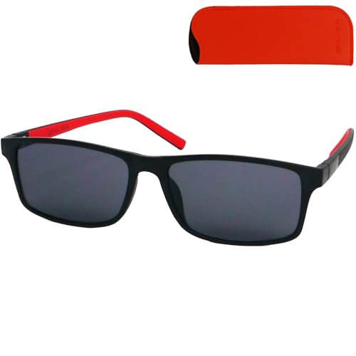 Flex Sonnenbrille mit Sehstärke, Kunststoff Rahmen L Groß Rechteckig mit flexiblen Bügeln Schwarz mit Rotem Akzent, Trend Etui, Lesesonnenbrille Herren und Damen 2.5 Dioptrien von Mini Brille