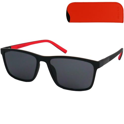 Flex Sonnenbrille mit Sehstärke, Kunststoff Rahmen XL Groß und Rechteckig mit flexiblen Bügeln Schwarz mit Rotem Akzent, Trend Etui, Lesesonnenbrille Herren und Damen 2.0 Dioptrien von Mini Brille