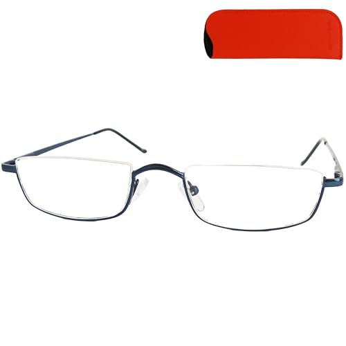 Metall Halbrand oben Lesebrille Halbbrille Rechteckig, Gratis Etui und Brillenputztuch, Edelstahl Rahmen (Blau) mit Federscharnier, Lesehilfe Damen und Herren +2.0 Dioptrien von Mini Brille