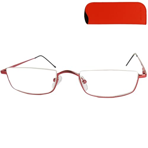 Metall Halbrand oben Lesebrille Halbbrille Rechteckig, Gratis Etui und Brillenputztuch, Edelstahl Rahmen (Rot) mit Federscharnier, Lesehilfe Damen und Herren +2.5 Dioptrien von Mini Brille