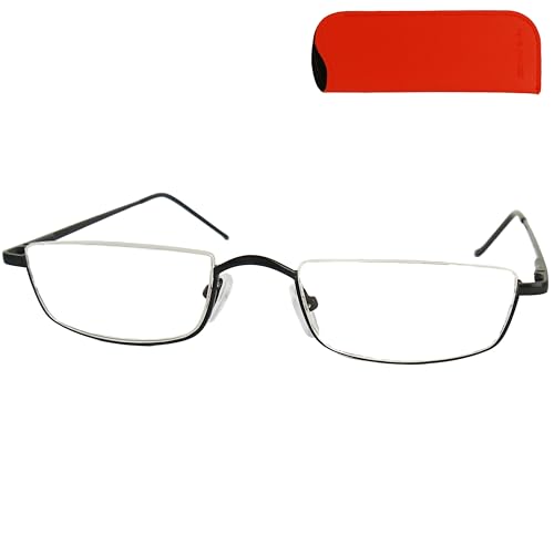 Metall Halbrand oben Lesebrille Halbbrille Rechteckig, Gratis Etui und Brillenputztuch, Edelstahl Rahmen (Schwarz) mit Federscharnier, Lesehilfe Damen und Herren +2.0 Dioptrien von Mini Brille