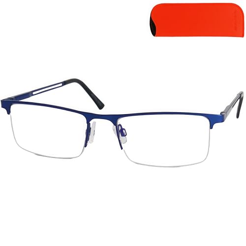 Metall Lesebrille Halbrand unten mit rechteckigen Gläsern und Etui, Edelstahl Brillengestell (Blau), Lesehilfe Herren und Damen 1.0 Dioptrien von Mini Brille
