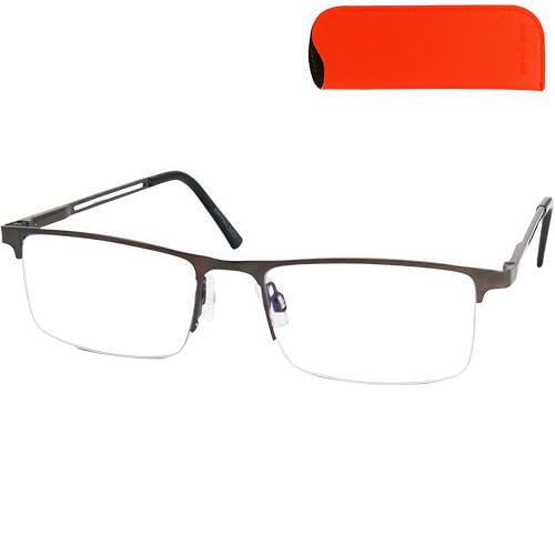 Metall Lesebrille Halbrand unten mit rechteckigen Gläsern und Etui, Edelstahl Brillengestell (Graphit), Lesehilfe Herren und Damen 1.0 Dioptrien von Mini Brille